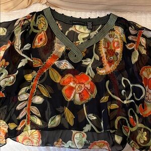 Dana Buchman Black and Orange Floral Blouse